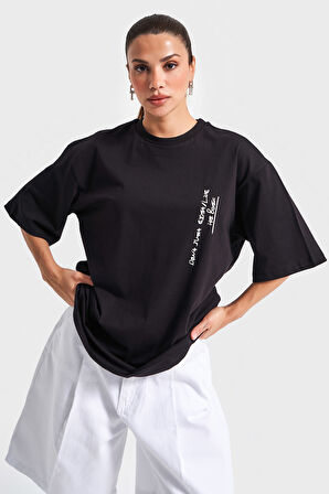 Kadın Siyah Renk s5-1 Oversize Baskılı Bol Kesim %100 Pamuklu T-Shirt