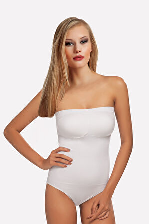 Beyaz Straplez Çıtçıtlı Dikişsiz Kaplı Body
