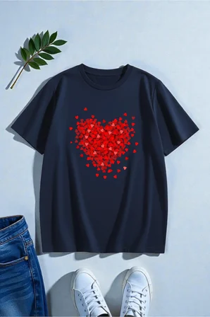 Unisex Karışık Kalpler Baskılı Tasarım Tshirt