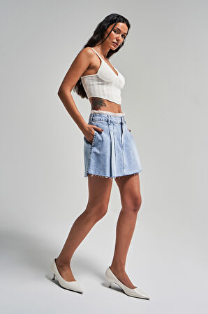 Kadın Snow Kot Rengi D-4s5-3 Dantel Detaylı Pileli Mini Boy Tasarım Denim Etek