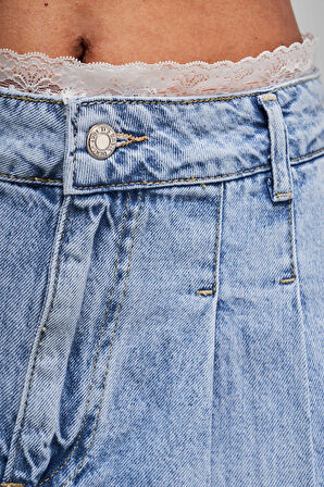 Kadın Snow Kot Rengi D-4s5-3 Dantel Detaylı Pileli Mini Boy Tasarım Denim Etek