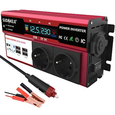 Priz ve Çakmaklık Modifiye Sinüs İnverter Araç ve Güneş Enerjisi Uyumlu 12V 2000W Çift USB Çift Priz ve Çakmaklık