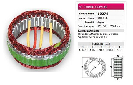 Hyundaı Stator Mitsubıshı Tip 12v 75a Hyundaı Ymgrandsalon Stratex Gallober Sanata Dar Tip Nursan 150412 - Yavuz 10 279
