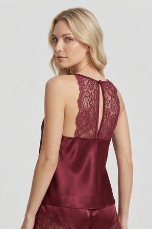Laperissa Kadın Bordo Dantelli İp Askılı Saten Şortlu Pijama Takımı 42