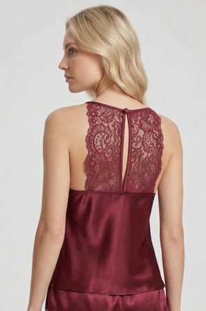Laperissa Kadın Pijama Takımı Bordo Saten Dantelli İp Askılı Şortlu