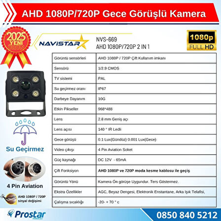 AHD 1080P/720P Orta Boy Gece Görüşlü 4 Pin Soketli Kamyon Tır Otobüs Kamerası