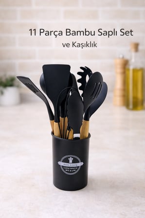 11 Parça Bambu Saplı Silikon Mutfak Seti Kaşıklıklı | Isıya Dayanıklı Spatula Kepçe Çırpıcı Maşa Seti | Siyah