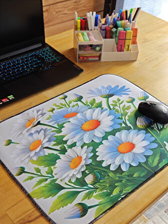 SGE TEKNOLOJİ 55X45 CM BEYAZ PAPATYALAR KAYDIRMAZ TABAN SPEED YÜZEY OYUNCU MOUSE PAD GAMİNG PAD