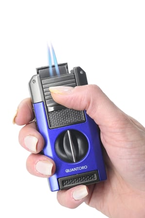 Quantoro Çift Torch Pürmüz V-Cut/Delicili/İğneli Mavi-Gunmetal Metal Puro Çakmağı - TRZ1093