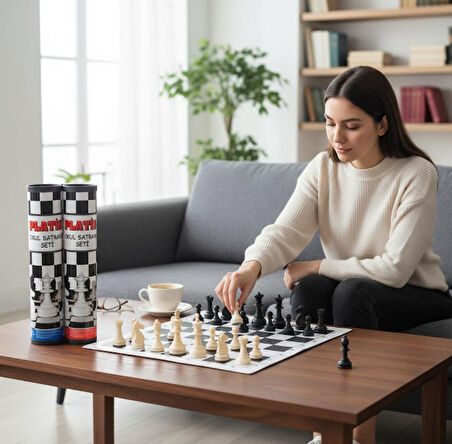 Platin Okul Tipi Satranç Seti - Taşıma Kutulu Plastik Takım ve Rulo Satranç Matı