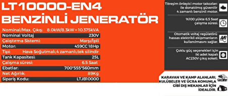 LUTIAN LT10000 EN-4 8.3 Kw Benzinli Marşlı Jeneratör
