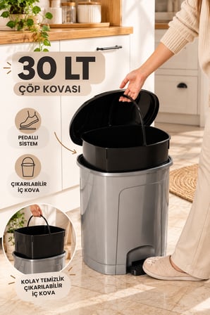 Porsima 1104 Slim Pedallı Çöp Kovası 30 Lt Metalik Gri - İç Kovalı Mutfak Banyo Kutusu