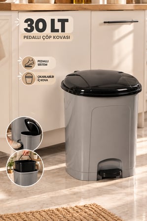Porsima 1104 Slim Pedallı Çöp Kovası 30 Lt Metalik Gri - İç Kovalı Mutfak Banyo Kutusu