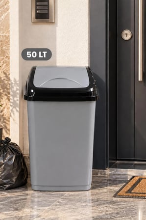 Porsima 1407 50 Lt Vittoria Sallanır Döner Kapaklı Mutfak Ve Banyo Çöp Kovası (Gri / Siyah Kapaklı)