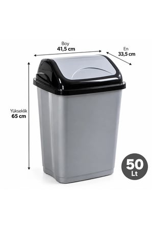 Porsima 1407 50 Lt Vittoria Sallanır Döner Kapaklı Mutfak Ve Banyo Çöp Kovası (Gri / Siyah Kapaklı)