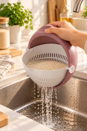 Porsima 1312 Aqua 360 Derece Döner Çift Katlı Mutfak Süzgeci 24 Cm - Kulplu Meyve, Sebze Ve Pirinç Yıkama Süzgeçli Kase (Pudra)