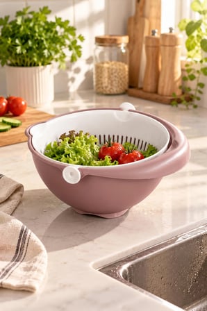 Porsima 1312 Aqua 360 Derece Döner Çift Katlı Mutfak Süzgeci 24 Cm - Kulplu Meyve, Sebze Ve Pirinç Yıkama Süzgeçli Kase (Pudra)