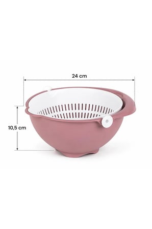 Porsima 1312 Aqua 360 Derece Döner Çift Katlı Mutfak Süzgeci 24 Cm - Kulplu Meyve, Sebze Ve Pirinç Yıkama Süzgeçli Kase (Pudra)