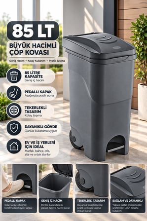 Porsima 1150 85 Lt Tekerlekli Pedallı Çöp Kovası Antrasit - Büyük Boy Çöp Konteyneri