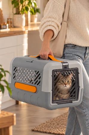 Porsima 0001 Katlanabilir Kedi Köpek Taşıma Çantası Gri Turuncu - Emniyet Kemerli Kutusu
