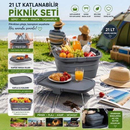 Porsima 07-1304 Katlanır Piknik Sepeti - Silikonlu Katlanabilir Saklama Kutusu - 21 L Antrasit