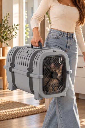 Porsima 0000 Premium Kedi Köpek Taşıma Çantası Ve Kafesi Gri - Emniyet Kemerli Taşıma Kutusu