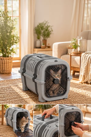 Porsima 0000 Premium Kedi Köpek Taşıma Çantası Ve Kafesi Gri - Emniyet Kemerli Taşıma Kutusu
