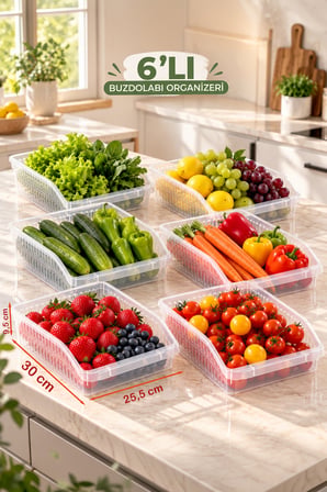 Porsima 1072 Orgamix 6'lı Şeffaf Saklama Sepeti - Buzdolabı İçi Sebze Meyve Organizer