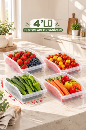 Porsima 1073 Orgamix 4'lü Şeffaf Saklama Sepeti - Buzdolabı İçi Sebze Meyve Organizer