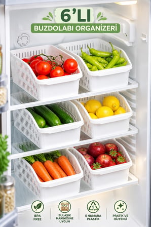 Porsima 1082 Orgamix 6'lı Beyaz Saklama Sepeti - Buzdolabı İçi Sebze Meyve Organizer