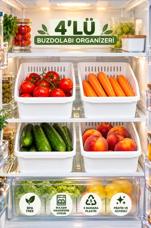 Porsima 1083 Orgamix 4'lü Beyaz Saklama Sepeti - Buzdolabı İçi Sebze Meyve Organizer