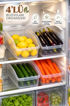 Porsima 09 1078 Orgamix 4'lü Şeffaf Geniş Buzdolabı Organizer Sepet - Mutfak Kiler Kutusu
