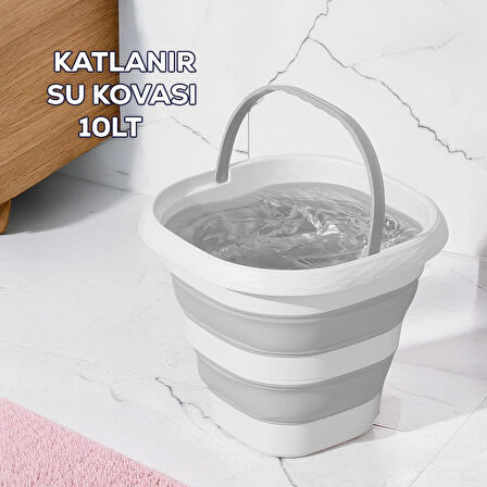 Porsima 1175 Damla Katlanabilir Silikon Su Kovası 28x30cm Banyo Balkon Temizlik Kovası - Gri Beyaz