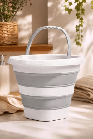 Porsima 1175 Damla Katlanabilir Silikon Su Kovası 28x30cm Banyo Balkon Temizlik Kovası - Gri Beyaz