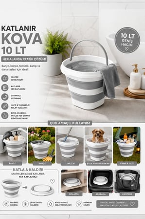 Porsima 1175 Damla Katlanabilir Silikon Su Kovası 28x30cm Banyo Balkon Temizlik Kovası - Gri Beyaz