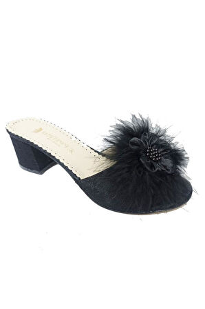 Whipper 1301 Nakışlı Kalın Topuk Tüylü Kadın Terlik