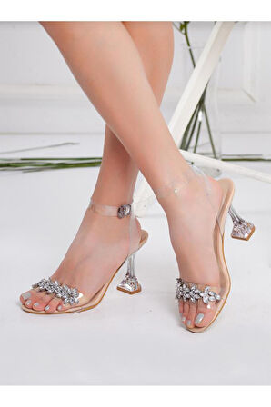 Nysa 0730 Taşlı Şeffaf Topuk Fashion Kadın Sandalet