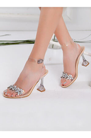 Nysa 0730 Taşlı Şeffaf Topuk Fashion Kadın Sandalet