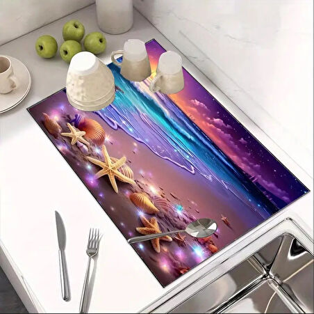 55 CM x 45 CM OKYANUS ESİNTİSİ TASARIMI TEZGAH ÜSTÜ BULAŞIK KURUTMA MATI BULAŞIKLIK KURUTMA ÖRTÜSÜ