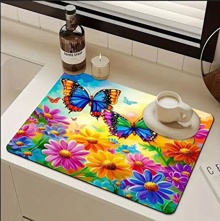 55 CM x 45 CM GÖKKUŞAĞI KELEBEK ÇİÇEK TASARIMI TEZGAH ÜSTÜ BULAŞIK KURUTMA MATI BULAŞIKLIK KURUTMA ÖRTÜSÜ