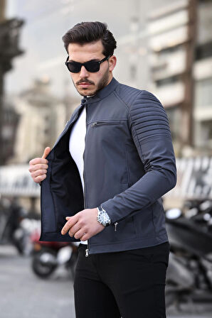 Erkek Gri Su ve Rüzgar Geçirmez Slim Fit Astarlı Mevsimlik Mont