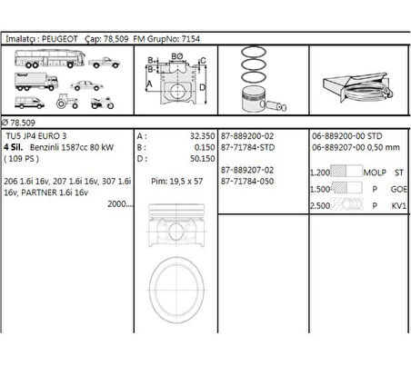 Psa Motor Piston Segman P307 P206 Partner II Berlingo II C3 C4 Tu5jp4 (1,6 16v) 79,00mm (0,50 Farklı) - Yenmak 31-04929-050