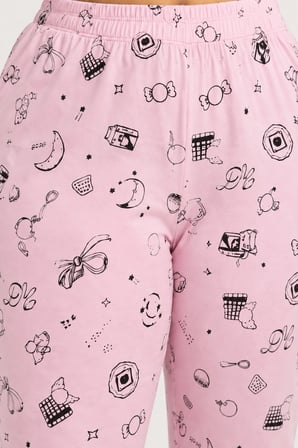 Pembe Yiyecek Desenli Örme Büyük Beden Pijama Altı