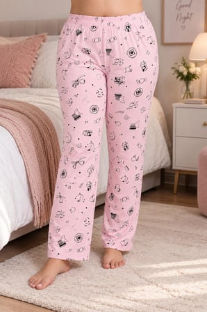 Pembe Yiyecek Desenli Örme Büyük Beden Pijama Altı