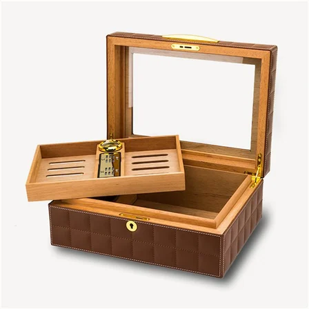 Lubinski Deri Camlı Humidor Puro Kutusu Kahverengi 50s