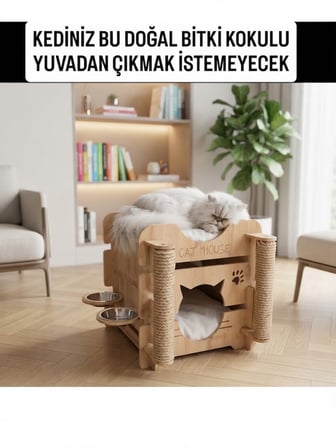 Missidea 3 Fonksiyon Bir Arada Ahşap Kedi Evi
