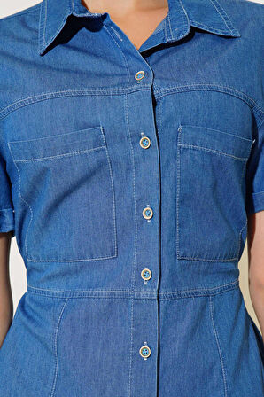 Rodi Bayan Önü Düğmeli Çift Cepli Kısa Kol Denim Elbise RD24YB112433