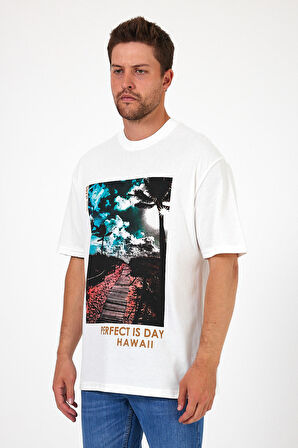 Erkek Bisiklet Yaka Hawaıı Baskılı T-shirt 7021