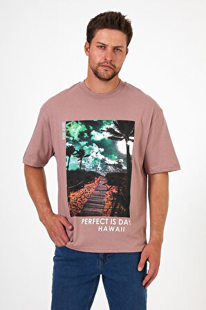 Erkek Bisiklet Yaka Hawaıı Baskılı T-shirt 7021