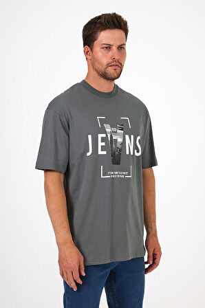 Erkek Bisiklet Yaka Jeans Baskılı T-shirt 7022